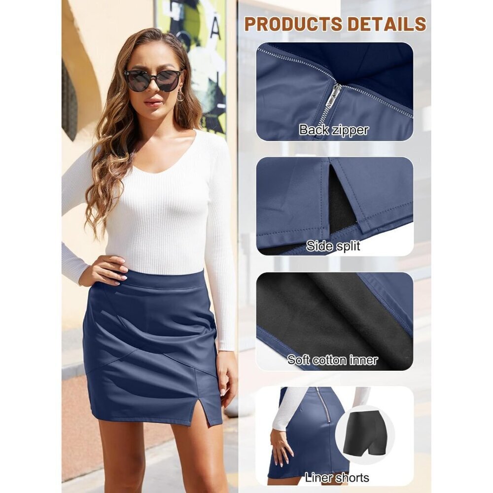 Women's Navy Blue Faux Leather Zipper High Waisted Bodycon Pencil Mini Skirts - Picture 5 of 6
